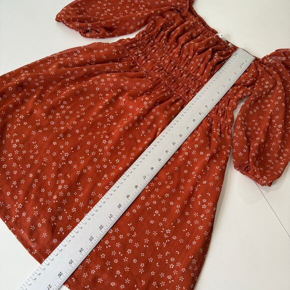 Row A Rust Orange Floral Prairiecore Puff Sleeve Smocked‎ Mini Dress Size M - Picture 10 of 11